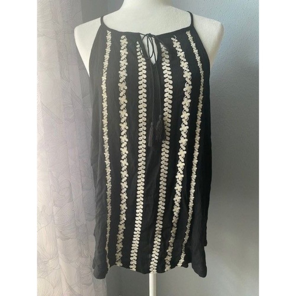 Solitaire Black Boho Spaghetti Strap Tank Top White Embroidery - Size L